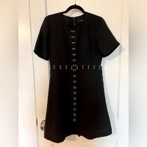 The Kooples Black Crew Neck Silver Hardware Pierced Chain Link Accent Mini Dress